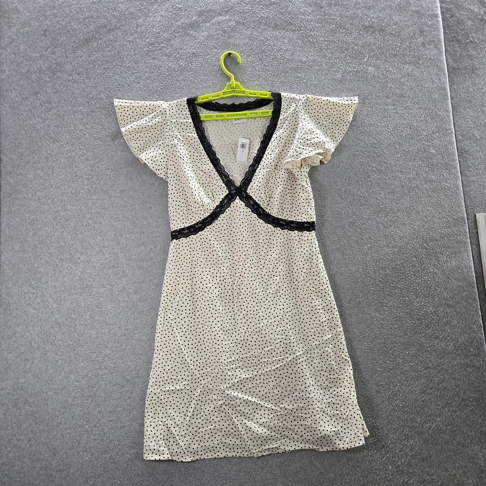 Old Navy Women Dress S TALL White Polka Dot Fit Flare Crepe Lace Trim Mini